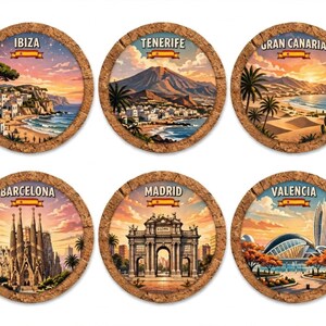 May include: A set of ten circular cork coasters featuring colourful illustrations of Spanish locations including Mallorca, Ibiza, Tenerife, Gran Canaria, Menorca, Lanzarote, Barcelona, Madrid, Valencia, and Granada, each with a small flag banner.