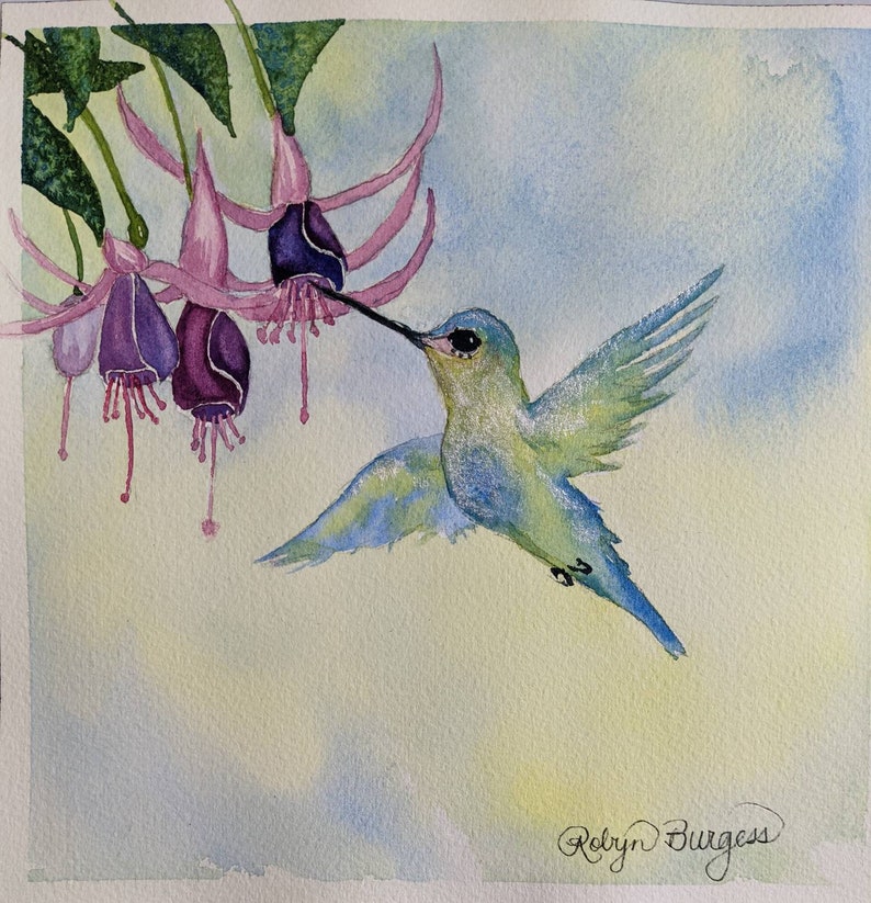 Hummingbird Sipping Fuchsia/'s original watercolor painting 8x8