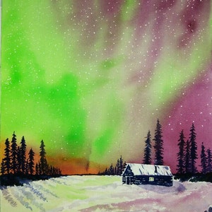 Alaska Northern Lights Aurora Borealis Original Watercolor Painting landscape ©