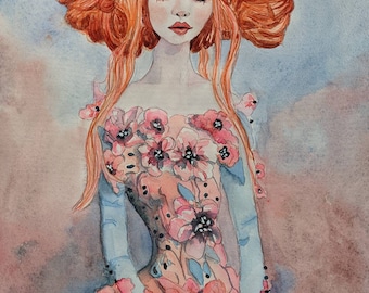 Beloved Beauty portrait, redhead art portrait beautiful woman original watercolor 9 x 12  PRINT©