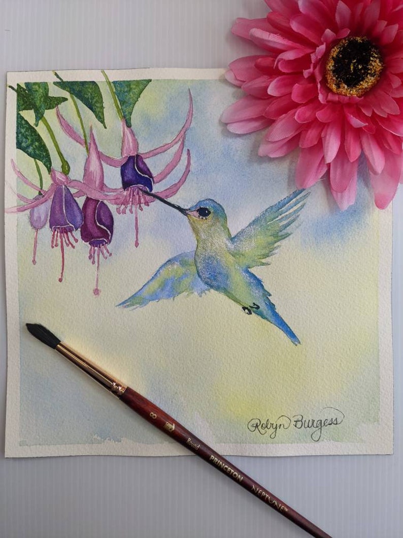 Download Hummingbird Sipping Fuchsia S Original Watercolor Painting 8x8 Painting Art Collectibles Dekorasyonu Net