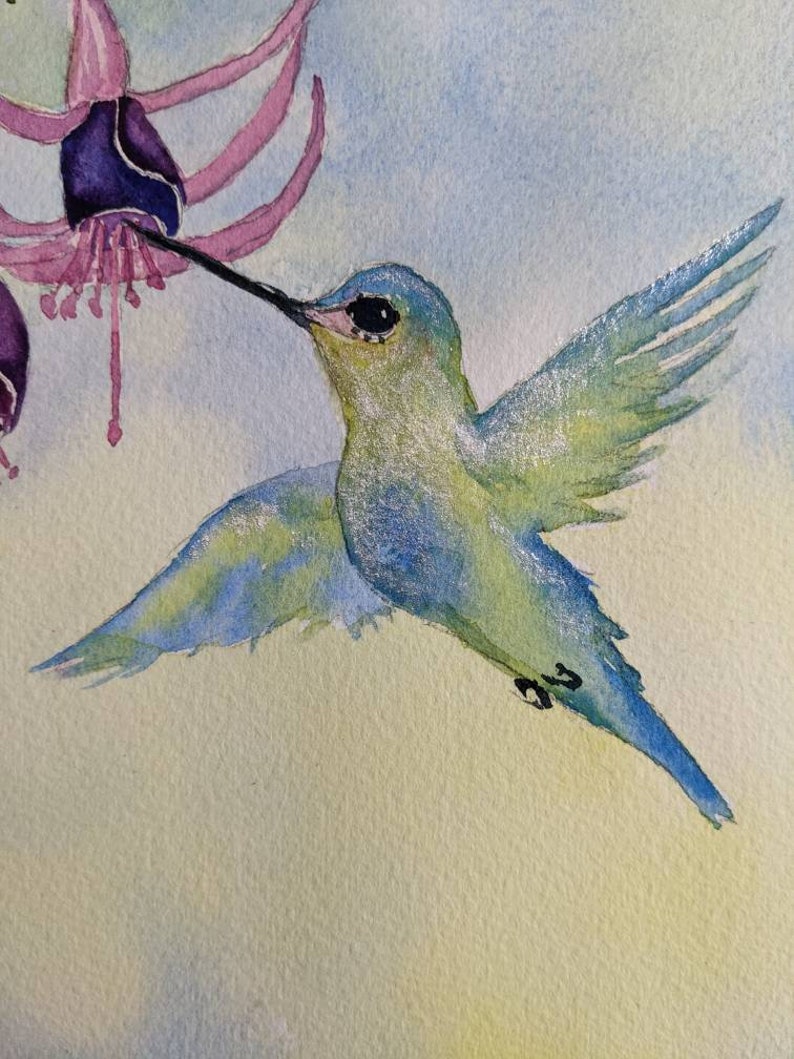 Hummingbird Sipping Fuchsia/'s original watercolor painting 8x8