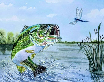 Largemouth Bass Jumping watercolor print