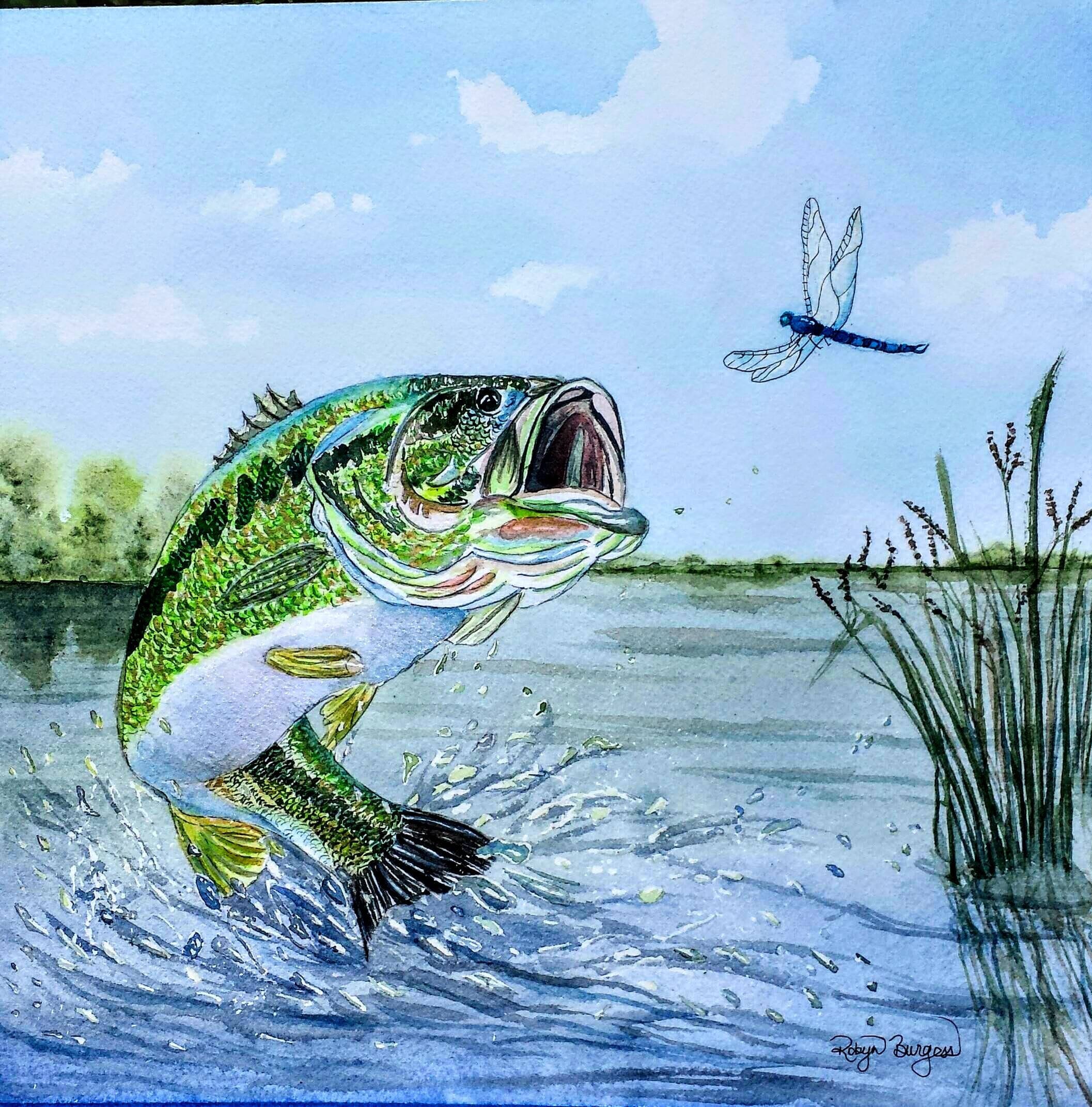 Largemouth Bass Jumping watercolor print