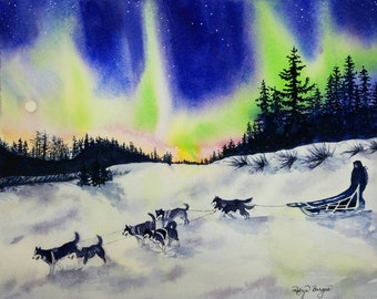 Alaskan Midnight Run, Watercolor Print Alaska dog sledding aurora borealis northern lights 9 x 12 ©