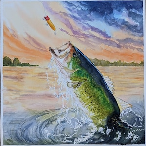 Bass Jumping, fish painting print 12 x 12 original watercolor print