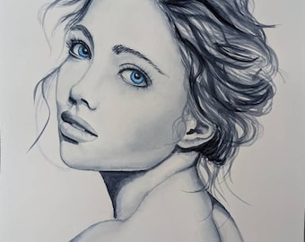 Watercolor Portrait Innocence, blue eyed black and white portrait beautiful woman © portrait wall decor art, original watercolor painting