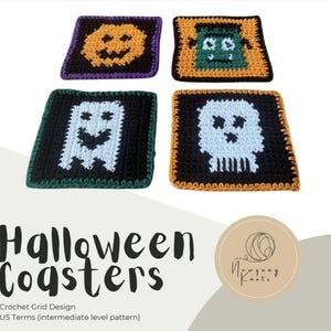 May include: Four square crochet coasters with Halloween-themed designs. Each coaster features a different spooky image: a jack-o'-lantern, Frankenstein's monster, a ghost, and a skull. The coasters are black with colorful accents and borders.