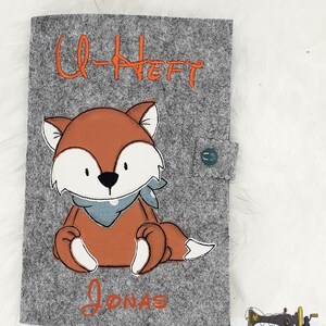 U-Heft Hülle aus Filz, personalisierbar mit Verschluss, Motiv Fuchs