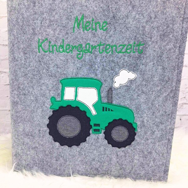 Kindergartenordner Ordner-Portfolio mit Doodlestickerei- Traktor, Bulldog, Schlepper-, personalisierbar mit Name, Kindergartenzeit