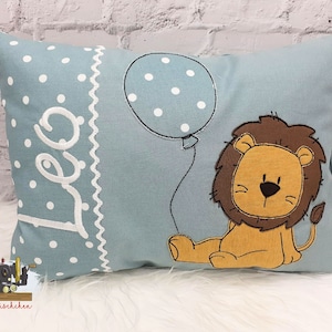 Kinderkissen, Namenskissen, Kissen, Löwe mit Luftballon,Geschenk zum Geburtstag, Name, 25x35cm
