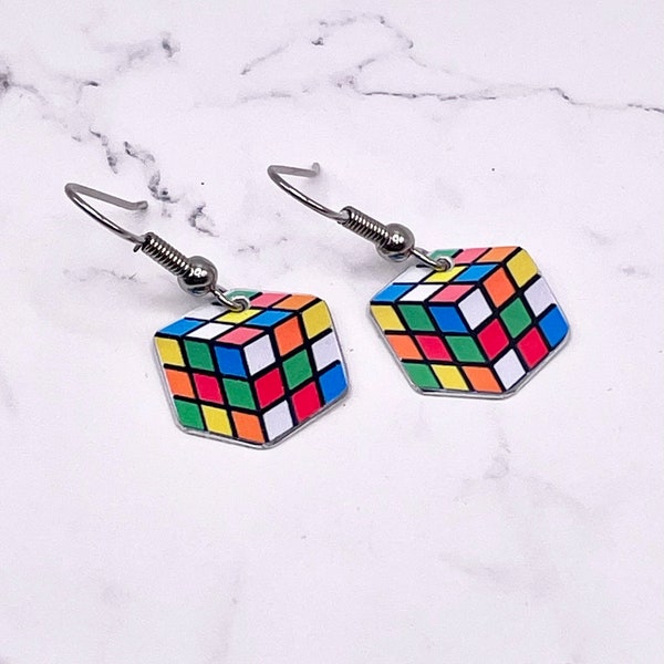 Boucles d'oreilles pendantes Rubik's Cube - Cadeau des années 1980 - Cadeau Rubik's Cube - Boucles d'oreilles Rubik's Cube - Boucles d'oreilles fantaisie - Boucles d'oreilles des années 1980 - Boucles d'oreilles rétro