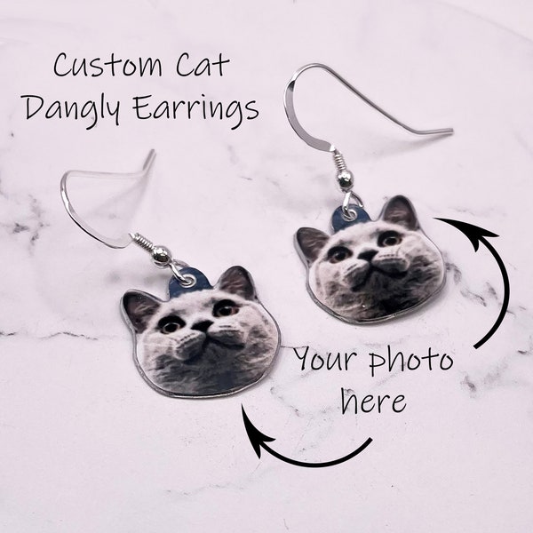 Custom Cat Dangle Earrings - Custom Cat Drop Earrings - Dangly Cat Earrings - Custom Pet Dangly Earrings - Dangly Cats - Cat Lover Earrings