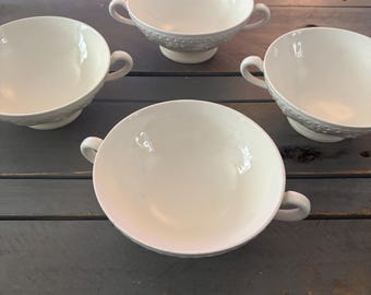 Set of 4 Vintage Wedgwood Wellesley Footed Cream Soup Bowls - Double Handled