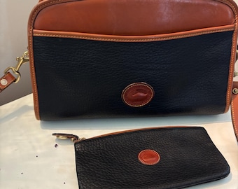 Vintage Dooney and Bourke All Weather Leather Crossbody Bag with Matching Pouch - Navy Blue & British Tan