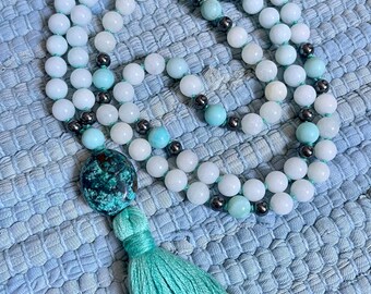 Amazonite Hand Knotted Necklace with Turquoise & Tassel
