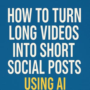 Könnte beinhalten: Blaues Grafikdesign mit dem Text "HOW TO TURN LONG VIDEOS INTO SHORT SOCIAL POSTS USING AI". Es enthält ein Videoplayer-Symbol, einen Pfeil und zwei Telefonsymbole. Der Text "AI SUPPLY GUY" befindet sich unten.