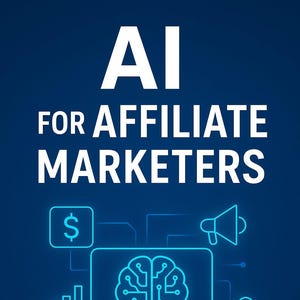 Peut inclure: Graphique bleu avec le texte "AI FOR AFFILIATE MARKETERS" en blanc. En dessous, un écran d'ordinateur avec un cerveau, un signe dollar, un mégaphone, un lien et un graphique en barres. Le texte "AI SUPPLY GUY" est en bas.