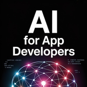 Op de afbeelding: Digitale illustratie met de tekst "AI for App Developers" in het wit. Een gloeiend hersenvormig netwerk met een boomachtige structuur staat in het midden. De tekst "AI Supply Guy" staat onderaan.