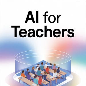May include: An illustration for a book cover, "AI for Teachers." It depicts a classroom scene within a transparent cylinder, with students at desks. A robotic hand is holding the cylinder. The text at the bottom reads "AI Supply Guy."