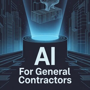 Peut inclure: Illustration numérique sur fond bleu foncé. Le texte "AI For General Contractors" en blanc, avec "AI" en plus grand. Une lumière bleue projette un objet en forme de cerveau. Le texte "AI Supply Guy" est en bas.