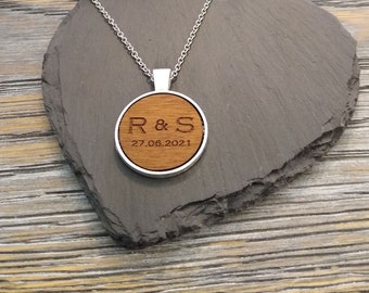 Initials and Date Personalised Necklace, Wooden Pendant, 5th Anniversary Wedding Present, Wood Gift for her