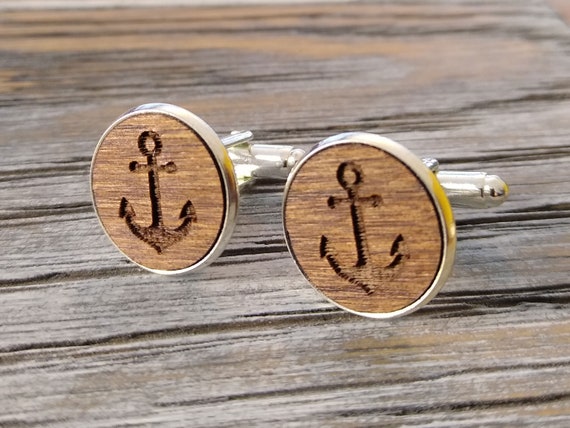 Engraved Anchor Cufflinks: Handmade Walnut Wood, Gift Boxed
