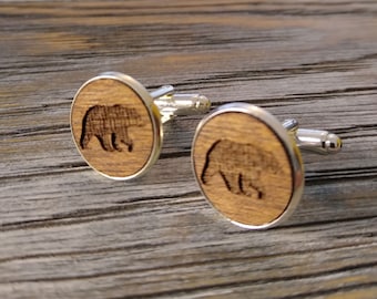 Engraved Bear Cufflinks, Handmade Walnut Wood Anniversary Gift