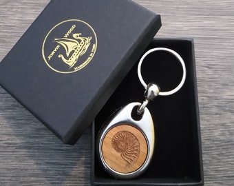 Personalized Ammonite Fossil Keychain: Engraved Walnut Wood Keyring