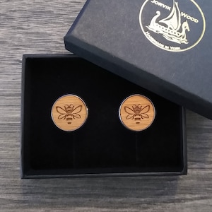 Bee Cufflinks, Engraved Wooden Small Handmade Birthday Gift Idea with Box, 5th Wedding Anniversary Gift