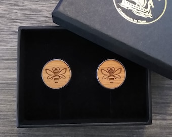 Bee Cufflinks, Engraved Wooden Small Handmade Birthday Gift Idea with Box, 5th Wedding Anniversary Gift