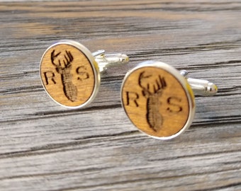 Personalised Initials Stag Cufflinks, Engraved Wooden Small Handmade Birthday Gift Idea with Box, 5th Wedding Anniversary Gift