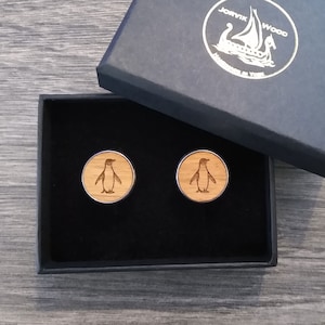 Penguin Cufflinks, Engraved Wooden Small Handmade Birthday Gift Idea with Box, 5th Wedding Anniversary Gift