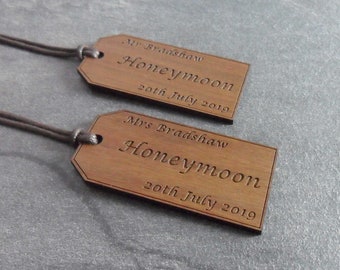 Personalised Wooden Luggage Tags, Custom Engraved Mr & Mrs Honeymoon