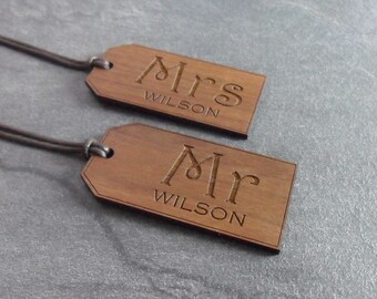 Personalised Wooden Luggage Tags, Custom Engraved Mr & Mrs