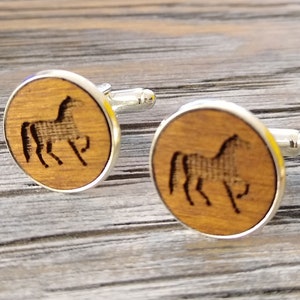 Horse Cufflinks, Engraved Wooden Small Handmade Birthday Gift Idea with Box, Race day Cufflinks