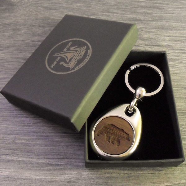 Personalised Bear Keyring, Custom Keychain, Engraved Message Wooden Key Fob, Small Handmade Birthday Gift Idea with Box