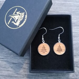Christmas Tree Earrings | Sterling Silver | Engraved Walnut Wood Dangle Earrings