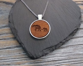 Elephant with Baby Necklace, Wooden Pendant, 5th Anniversary Wedding Present, Wood Gift for her