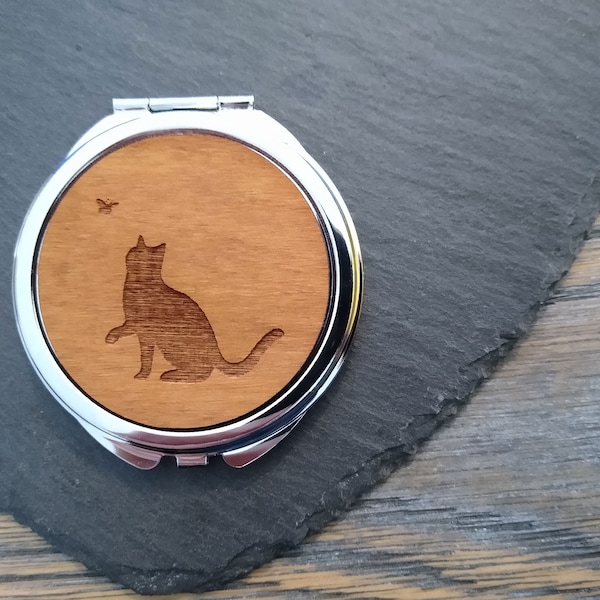 Cat with Butterfly Compact Mirror, Wooden Pocket Mirror Handmade Engraved Birthday Gift Idea with Box, 5th Wedding Anniversary Gift