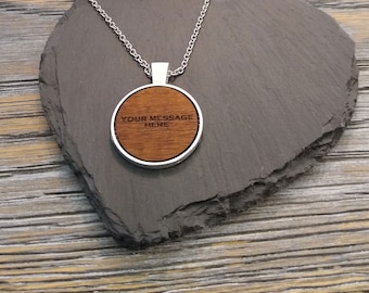Your Message Personalised Necklace, Wooden Pendant, 5th Anniversary Wedding Present, Wood Gift for her