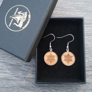 Snowflake Earrings | Sterling Silver | Engraved Walnut Wood Dangle Earrings