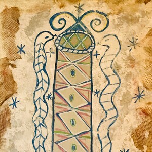 May include: A hand-painted artwork depicting a stylised tower with a geometric pattern and two snakes flanking the sides. The tower is decorated with blue, green, pink, and white paint. The background is a light brown with a speckled texture.