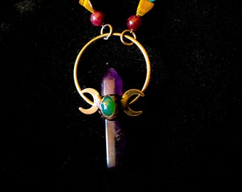 Amethyst and Agate Triple Moon Goddess Necklace