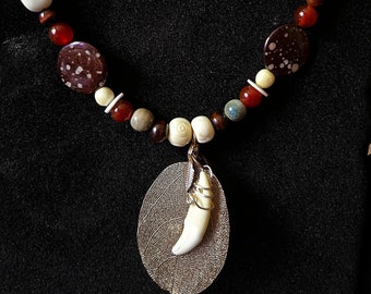 Coyote Tooth, Leaf Carnelian Necklace Autumn  Wiccan Witch