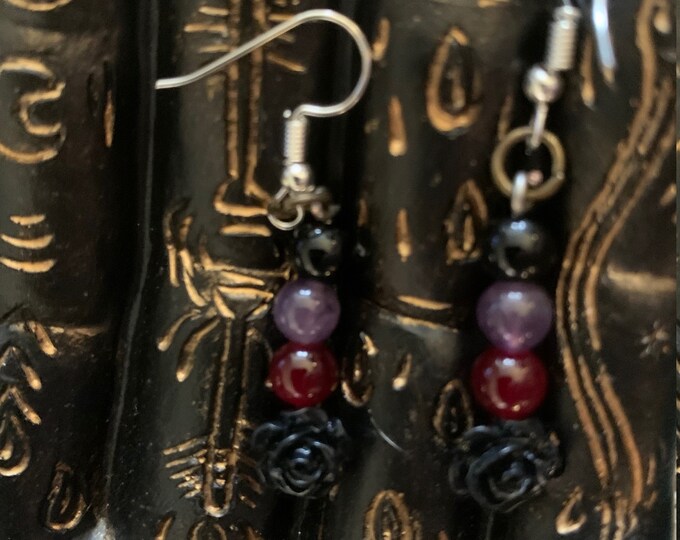 Amethyst Garnet  Obsidian Black Rose Dangle Earrings
