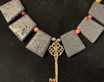 Papa Legba Skeleton Key Lava Stone Tigers Eye Carnelian Necklace Witch Voodoo
