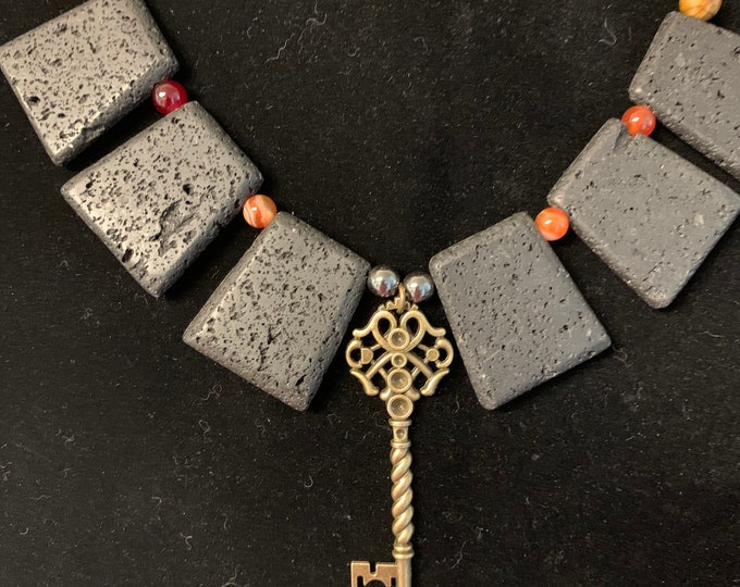 Papa Legba Skeleton Key Lava Stone Tigers Eye Carnelian Necklace Witch Voodoo