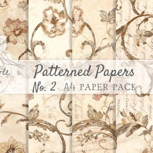 Puede incluir: Un paquete de papeles A4 estampados con un diseño floral vintage en tonos beige y marrón. Los papeles presentan ilustraciones botánicas y detalles manuscritos. Se muestra el texto "Patterned Papers No. 2 A4 PAPER PACK".
