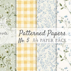 May include: A selection of patterned A4 papers with diverse designs, including gingham, floral, and botanical patterns. The papers feature soft colours like green, yellow, and blue, with the text "Patterned Papers No. 5 A4 PAPER PACK". The papers are from Sam Poole Designs.